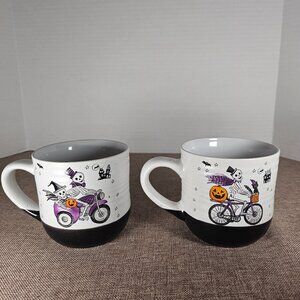 Two Ceramic Skeletons On Motor Scooter Bikes 18 Inch Mugs Cobwebs And Cauldrons